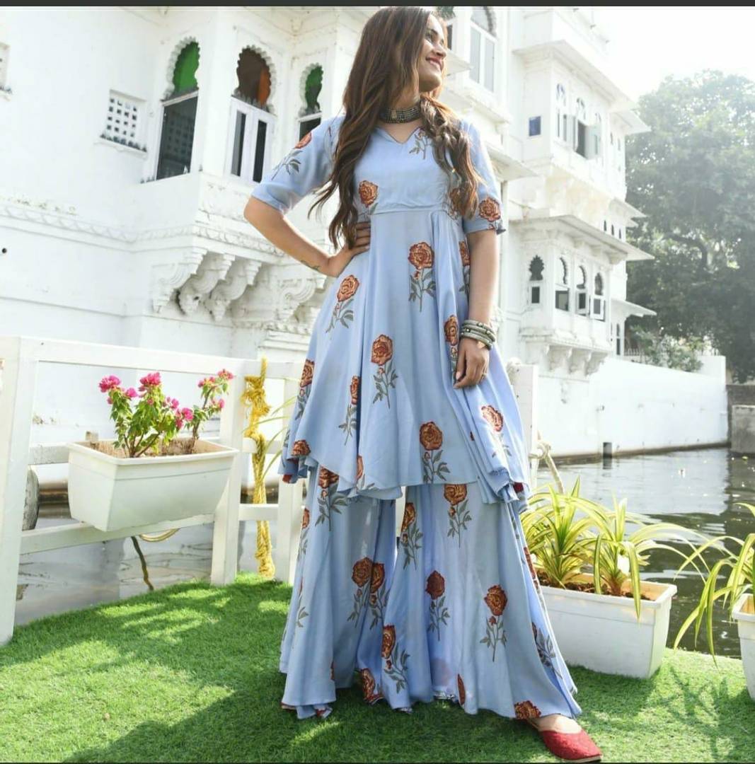 Stylish Rayon Blue Kurta With Sharara Set For Women